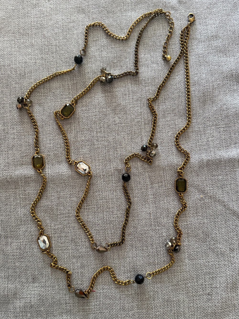 Gold Tone Station Necklace with Faceted Crystal & Glass Beads Layering Necklace